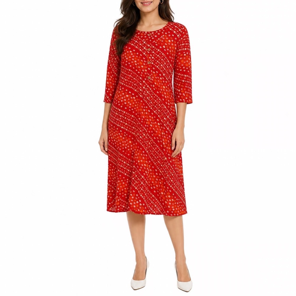 MR Red Bandhani Print Kurta Tunic Gold Foil Accents 3/4 Sleeve Size M